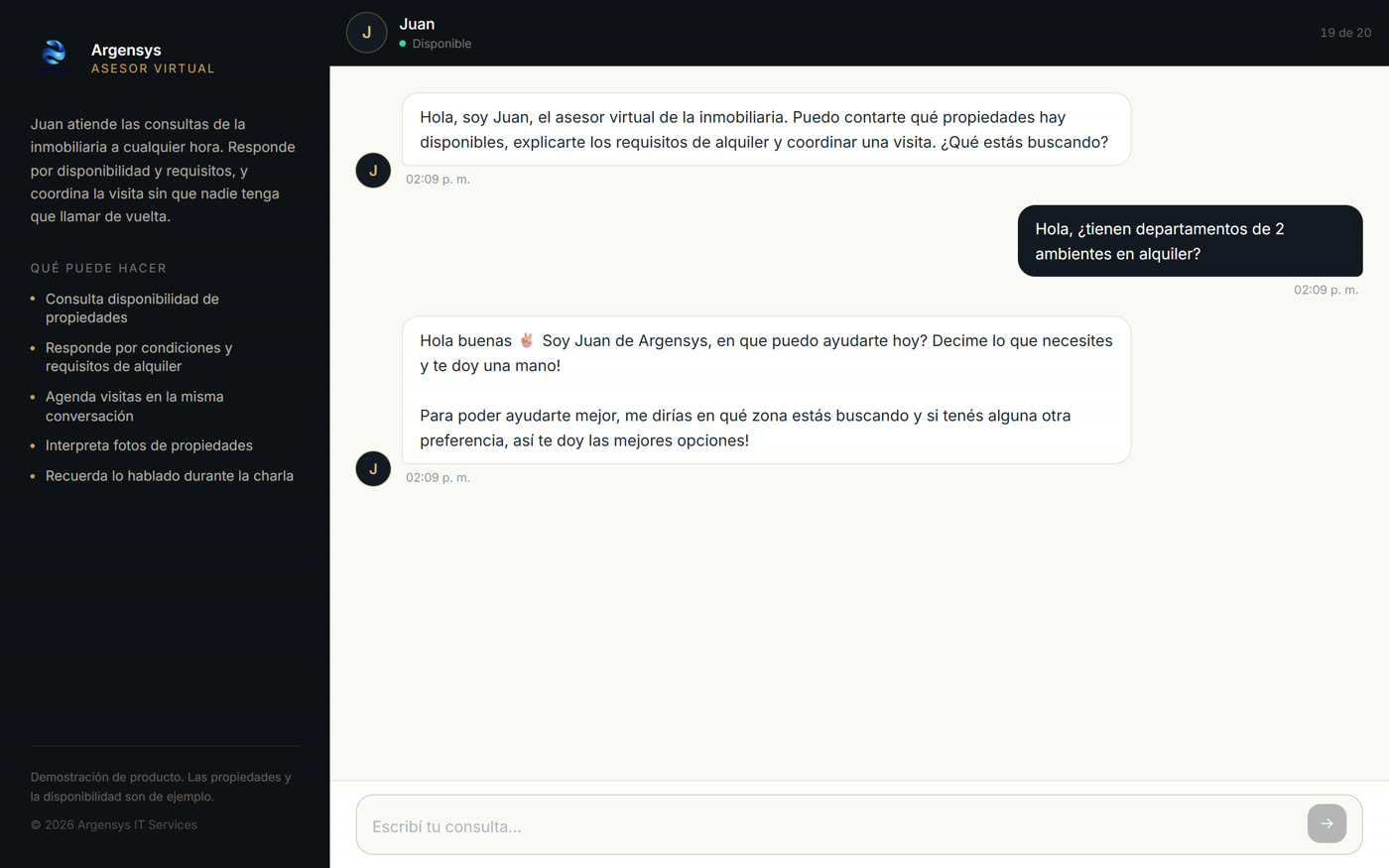 Conversación con el asesor virtual de la inmobiliaria