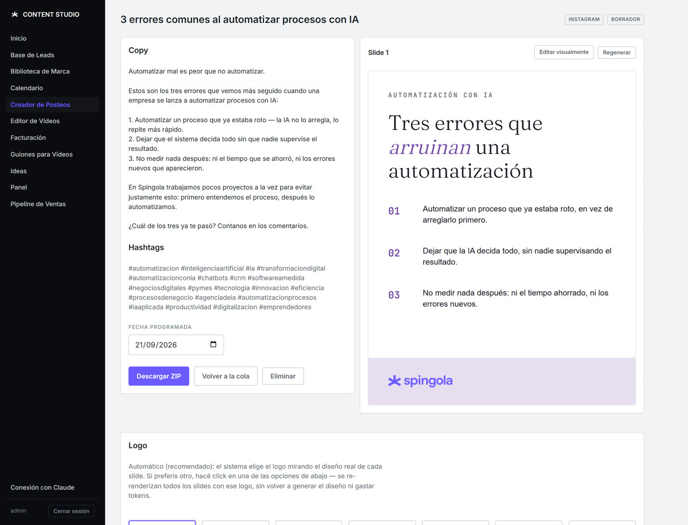 Posteo generado con copy, hashtags y slide renderizado
